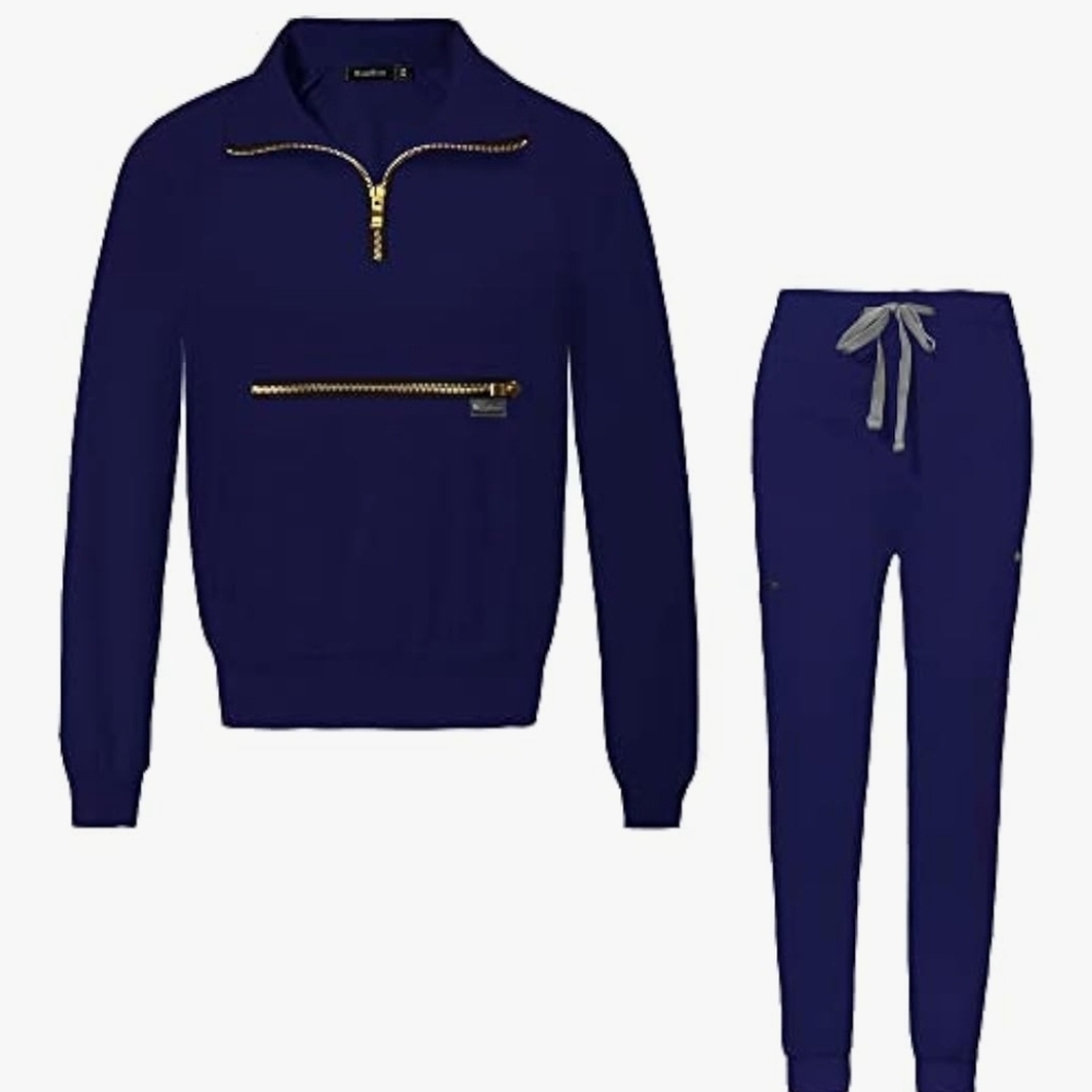 Navy Long Sleeve Zip-Up Scrub Top W/ Matching Drawstring Joggers